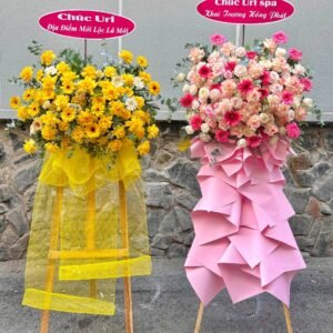 Kệ hoa khai trương tone vàng và tone hồng