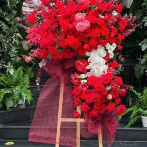 Kệ Hoa Tone Đỏ Ecuador Mix Hồ Điệp - Chúc Mừng Khai Trương